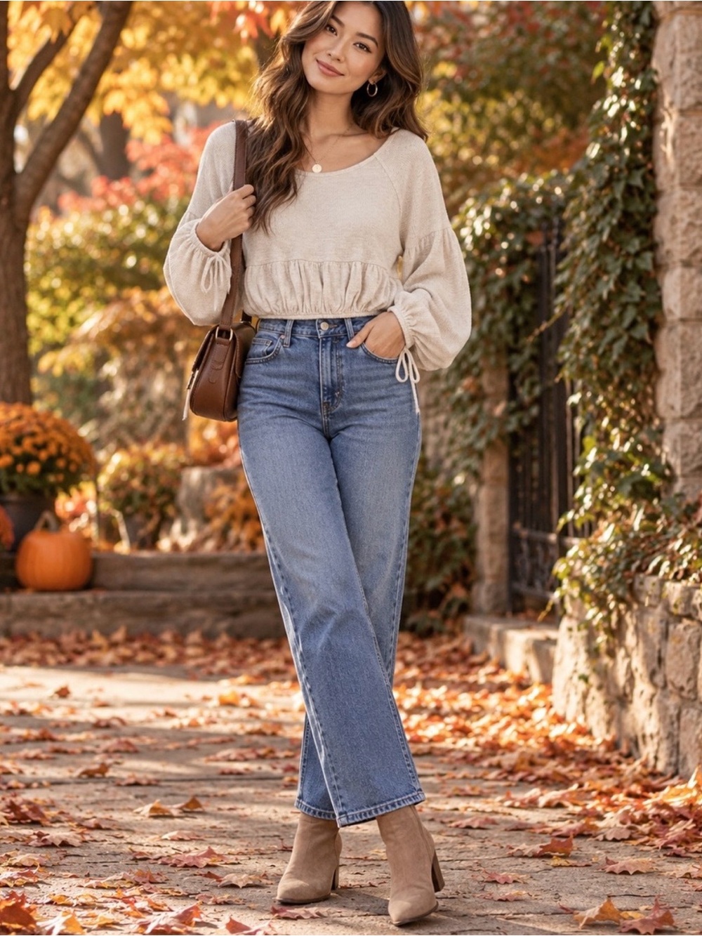 aerie Cream Cropped Pullover with Gathered Hem Small